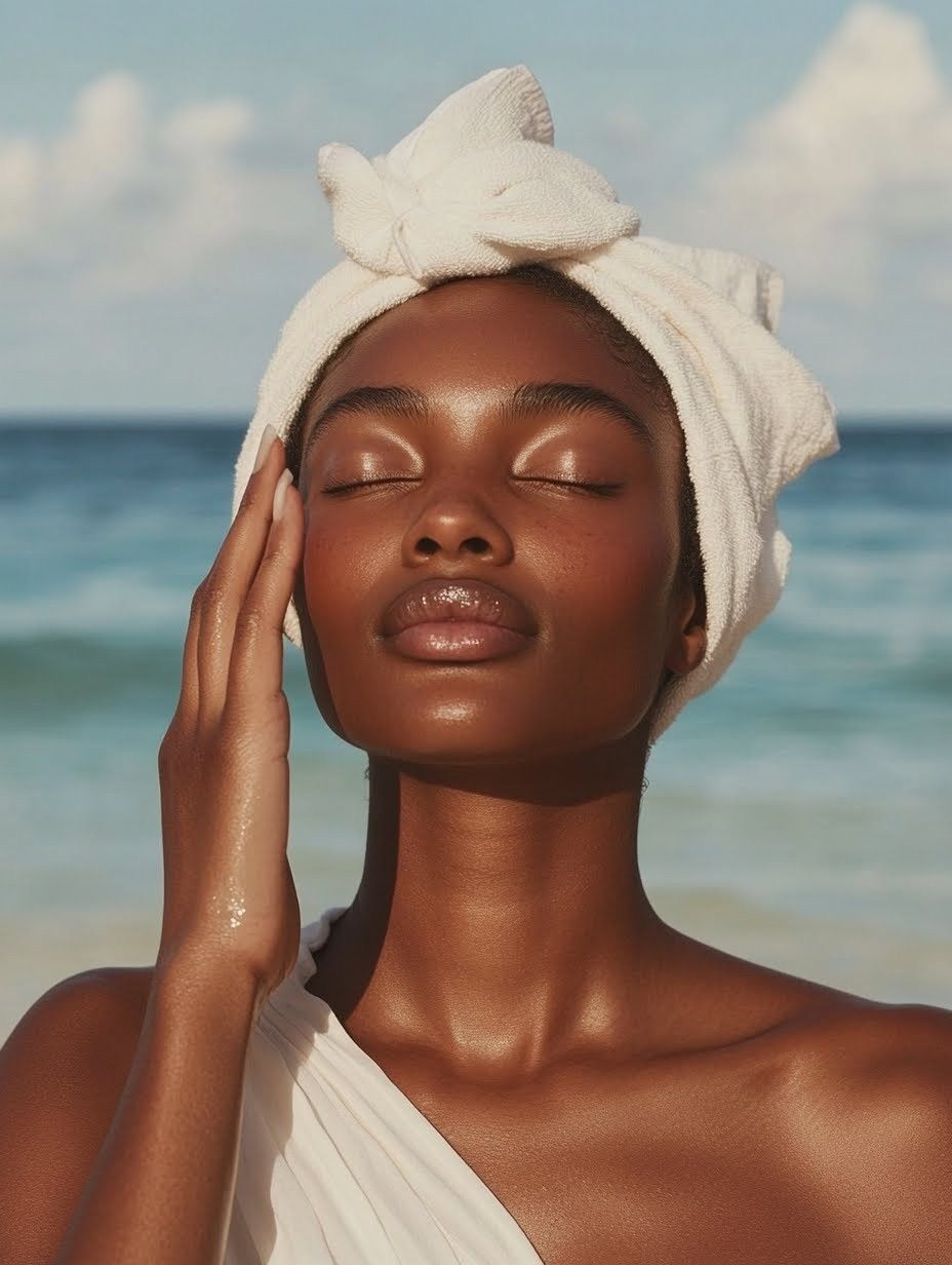 A person with curly hair applies cream to their cheek, smiling in a light gray top.